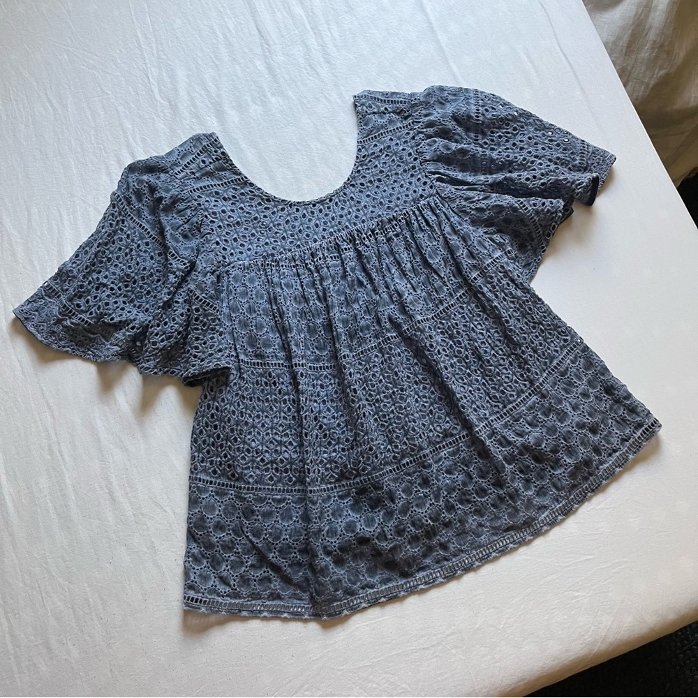 Prose & Poetry blue eyelet lace‎ flutter short sleeve blouse
